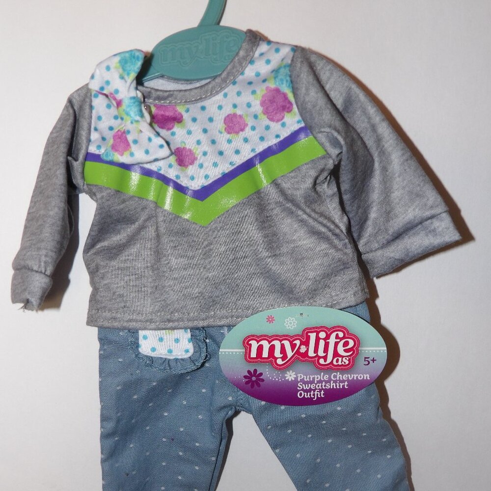 My Life As Purple Chevron Sweatshirt Outfit with Hair Bow for 18" Doll NEW